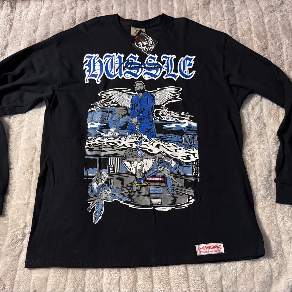 Black Long Sleeve Graphic Tee with Blue and White Design